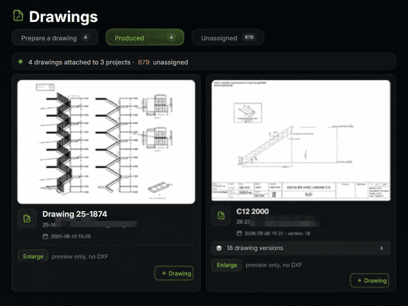 Drawings page: two staircase drawings produced by the AI, attached to their projects, with version history