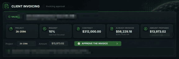 Client invoicing approval screen: contract, amount already invoiced and the amount proposed by the agent