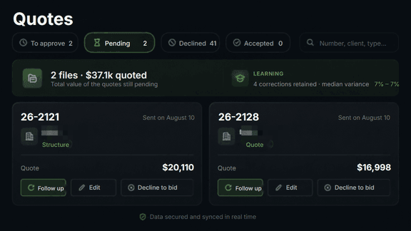 Quote dashboard: quotes awaiting approval, pending, declined and accepted, with Follow up and Edit buttons