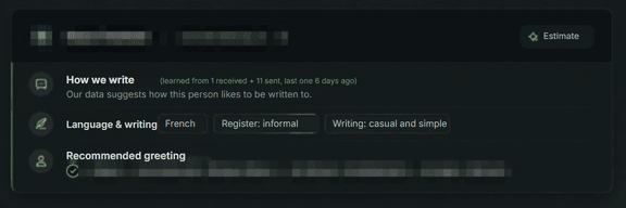 Contact record showing the writing style the system has learned: language, register, recommended greetings and sign-offs