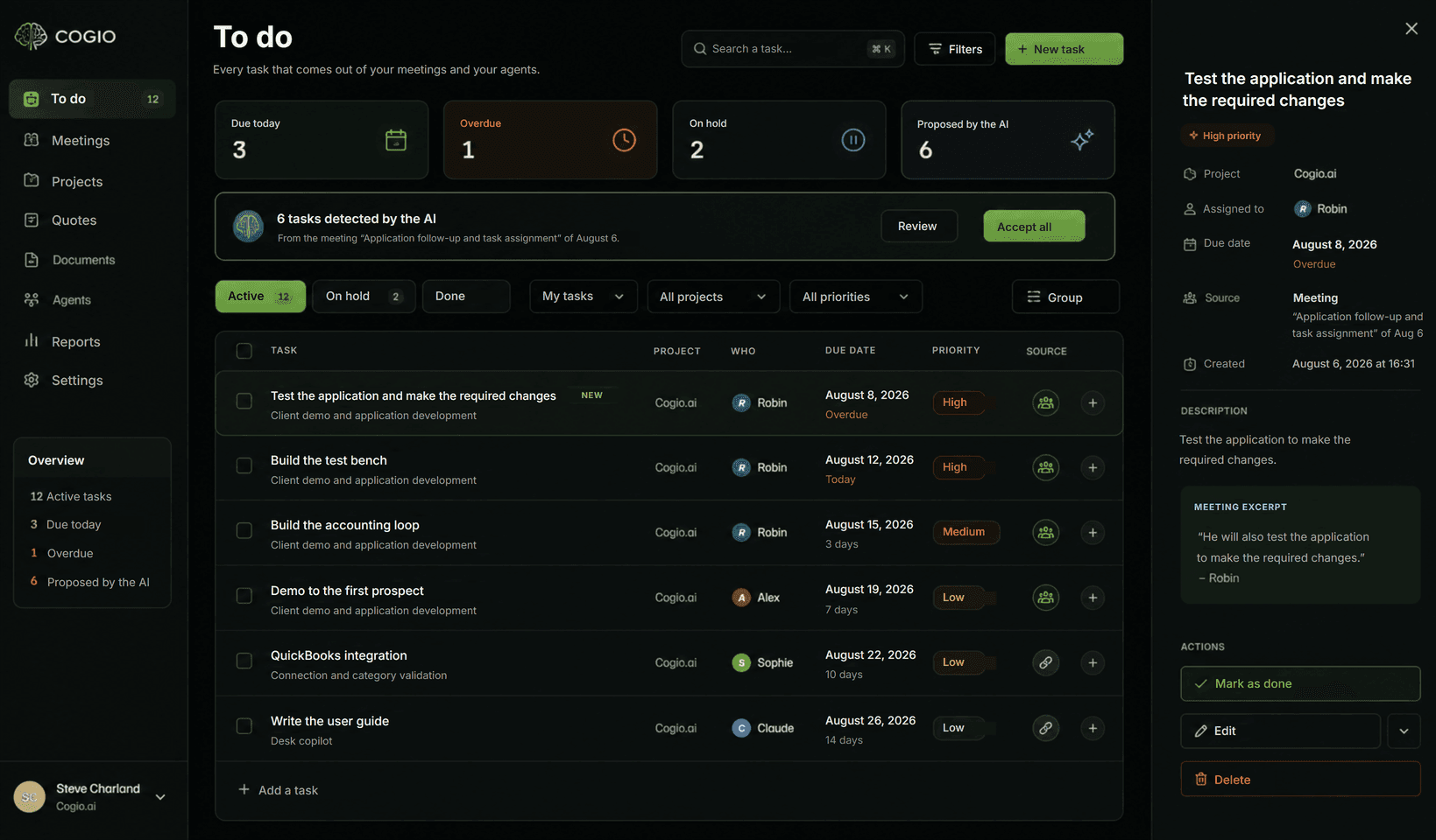 Shared task list: tasks proposed by the AI from a meeting, assigned with due dates and priorities