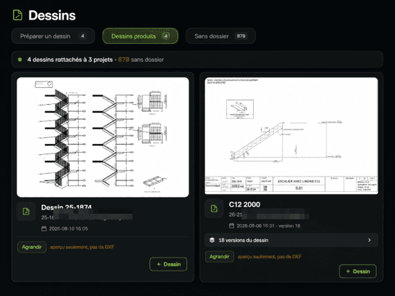 Page Dessins : deux dessins d’escaliers produits par l’IA, rattachés à leurs projets, avec historique de versions