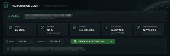 Écran de validation d’une facturation client : contrat, montant déjà facturé et montant proposé par l’agent