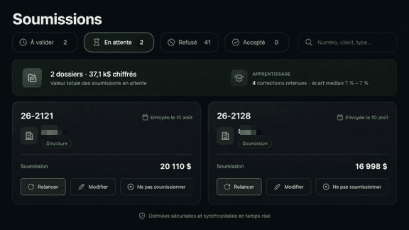 Tableau des soumissions : dossiers à valider, en attente, refusés et acceptés, avec boutons Relancer et Modifier