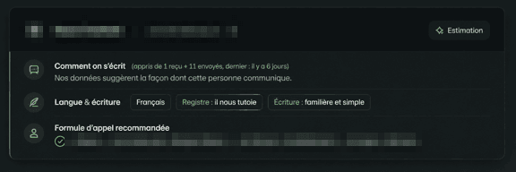 Fiche d’un contact montrant le style d’écriture appris : langue, registre, formules d’appel et de clôture recommandées